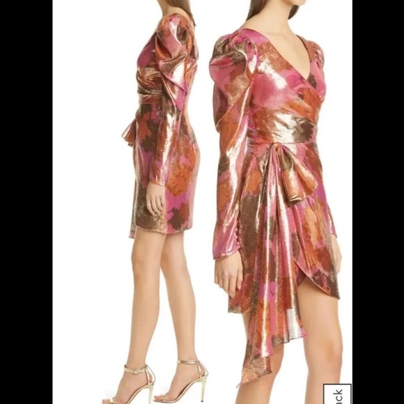 Flor Et. Al Abbott Long Sleeve Metallic Silk Cocktail Dress - Picture 2 of 8